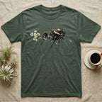 Jumping Spider Blossom T-Shirt in Military Green — Watercolor illustration of a black regal jumping spider with iridescent eyes holding a tiny wildflower sprig, on a dark grey t-shirt.