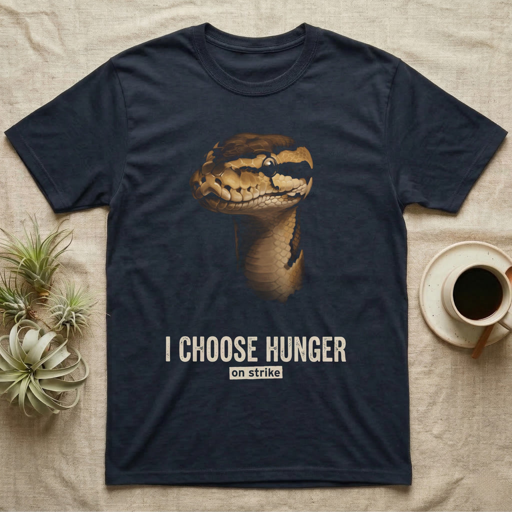 Photographic mugshot of a ball python staring down the lens above the distressed hook I Choose Hunger, on strike. — shown on a Navy tee.