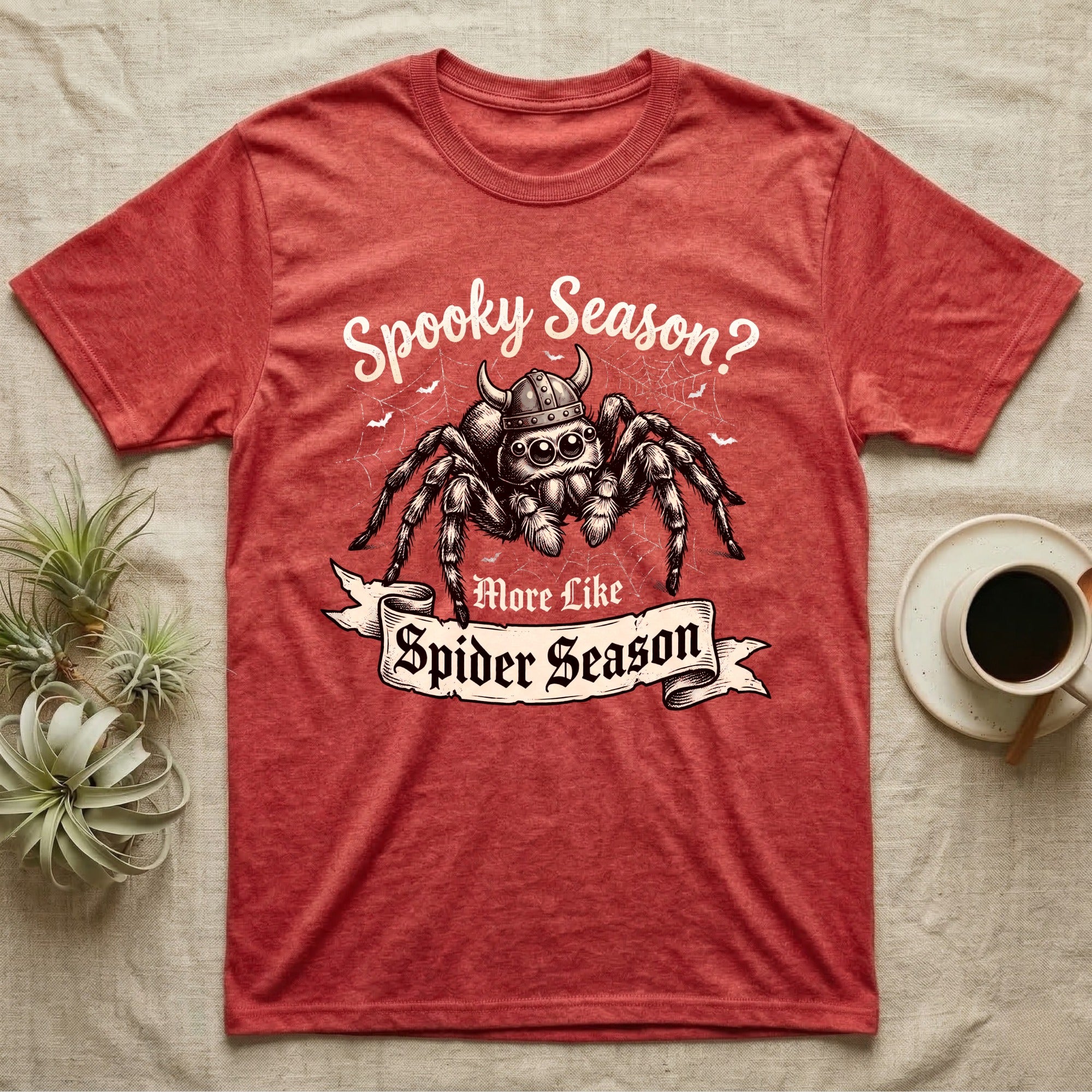 Jumping Spider Viking Helmet T-Shirt in Heather Red — Ink-sketch jumping spider in a Viking helmet over a web, banner reading "More Like Spider Season."