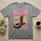 Millipede Almond Defence T-Shirt in Sport Grey — Engraved giant African millipede coiled upright under fat pink club lettering reading ALMOND DEFENCE on yellow stripes.