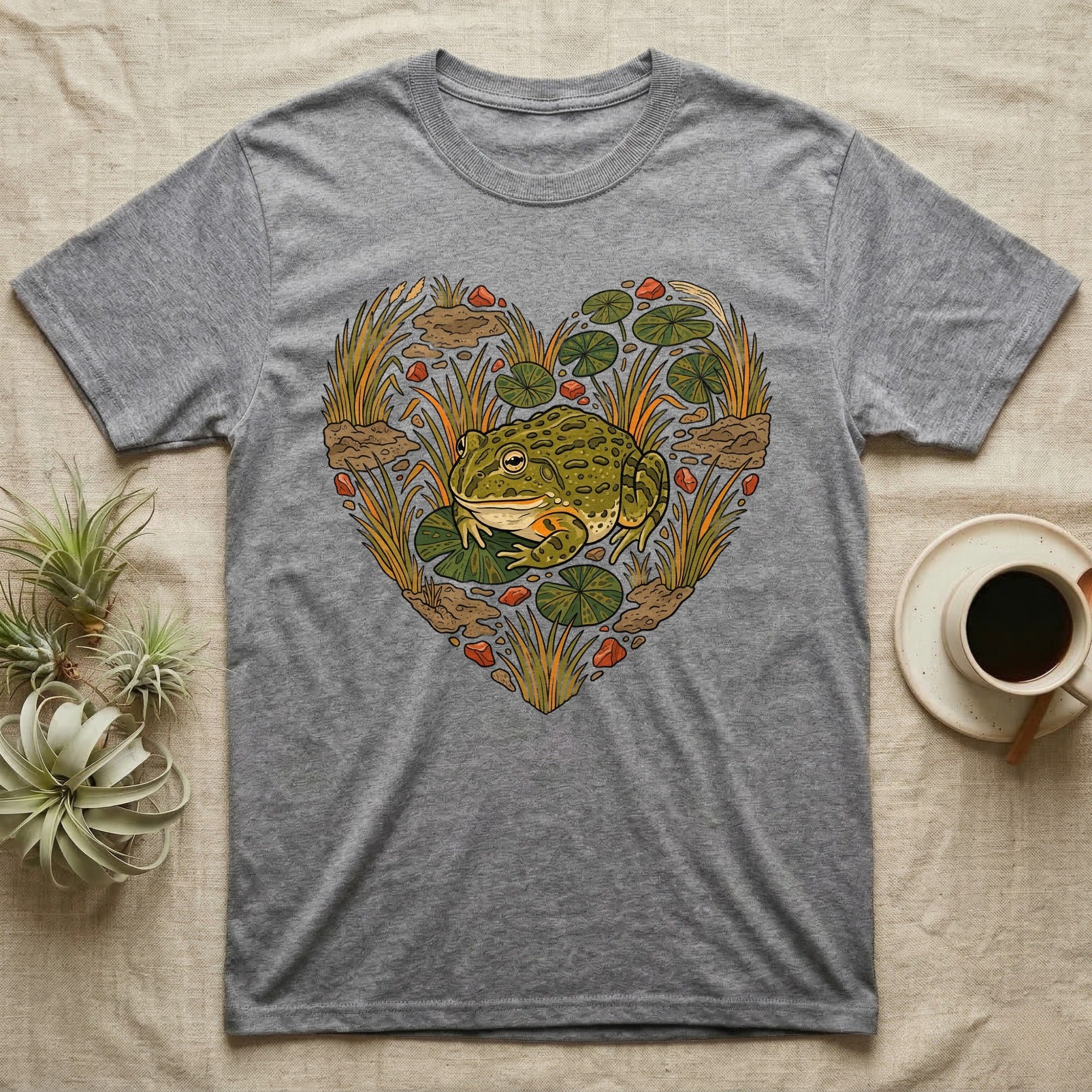 Grey t-shirt featuring a frog illustration within a heart-shaped wetland design.