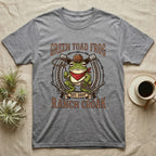 Grey t-shirt with "Green Toad Frog Ranch Croak" and a frog in cowboy hat.