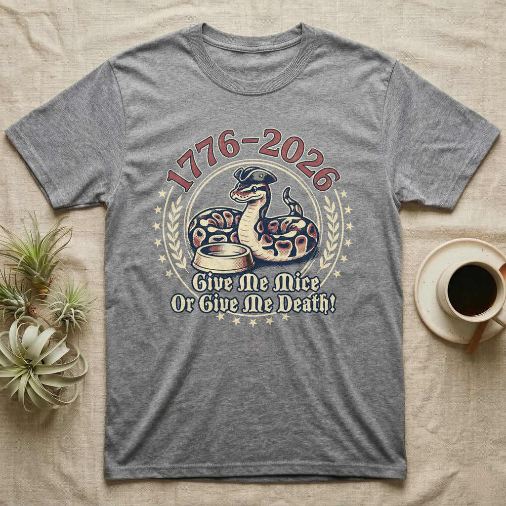 Ball Python 1776 T-Shirt in Sport Grey — Vintage distressed badge of a ball python in a feeding strike over a food dish, cream and brick-red emblem reading Give Me Mice Or Give Me Death.