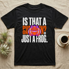 Frog Jack-O'-Lantern Illusion T-Shirt in Black — Typographic graphic of an orange frog doubling as a jack-o'-lantern, "Is That a Pumpkin? Or Just a Frog."