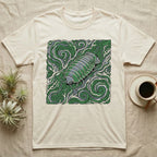 Cream t-shirt with a green, stylized illustration of an isopod.