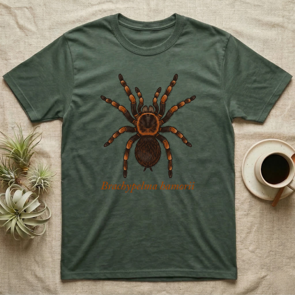 Green t-shirt with Brachypelma hamorii spider graphic.