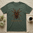 Green t-shirt with Brachypelma hamorii spider graphic.