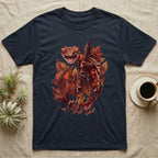 Satanic Leaf-Tailed Gecko Autumn T-Shirt in Navy — Painted illustration of a satanic leaf-tailed gecko gripping a bare stem among dried autumn leaves in rust and amber, no on-shirt text.
