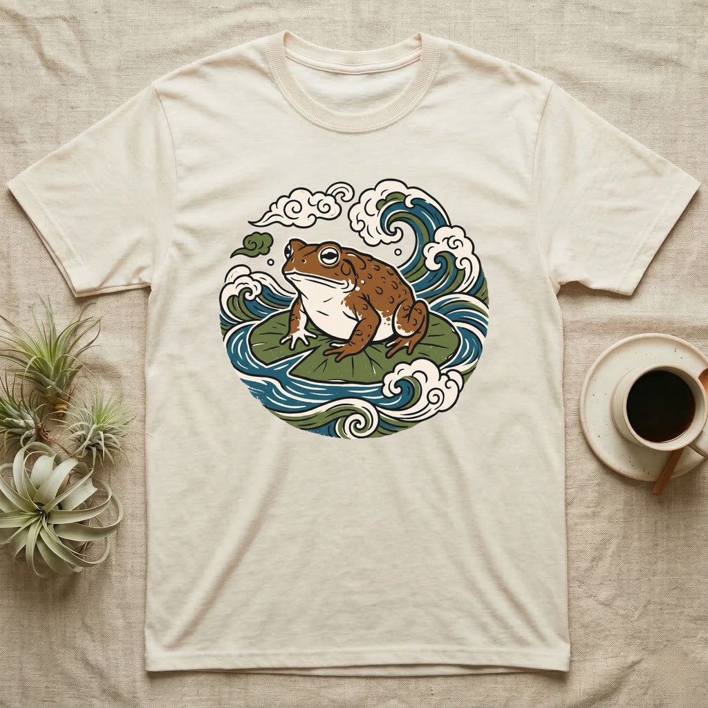 Cream t-shirt with frog on lily pad and swirling water design.
