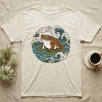 Cream t-shirt with frog on lily pad and swirling water design.