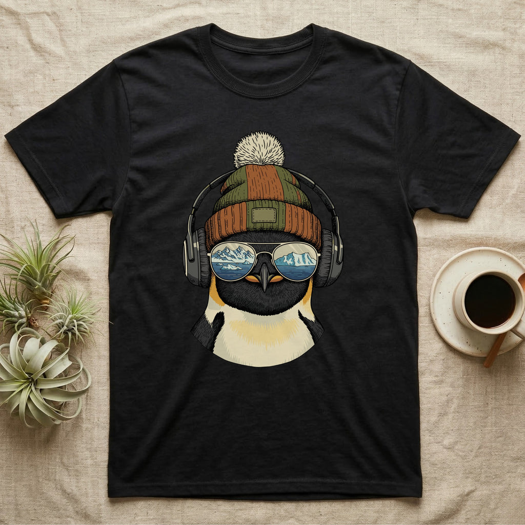 Black t-shirt featuring a penguin wearing a beanie and headphones, with mountains reflected in its sunglasses.