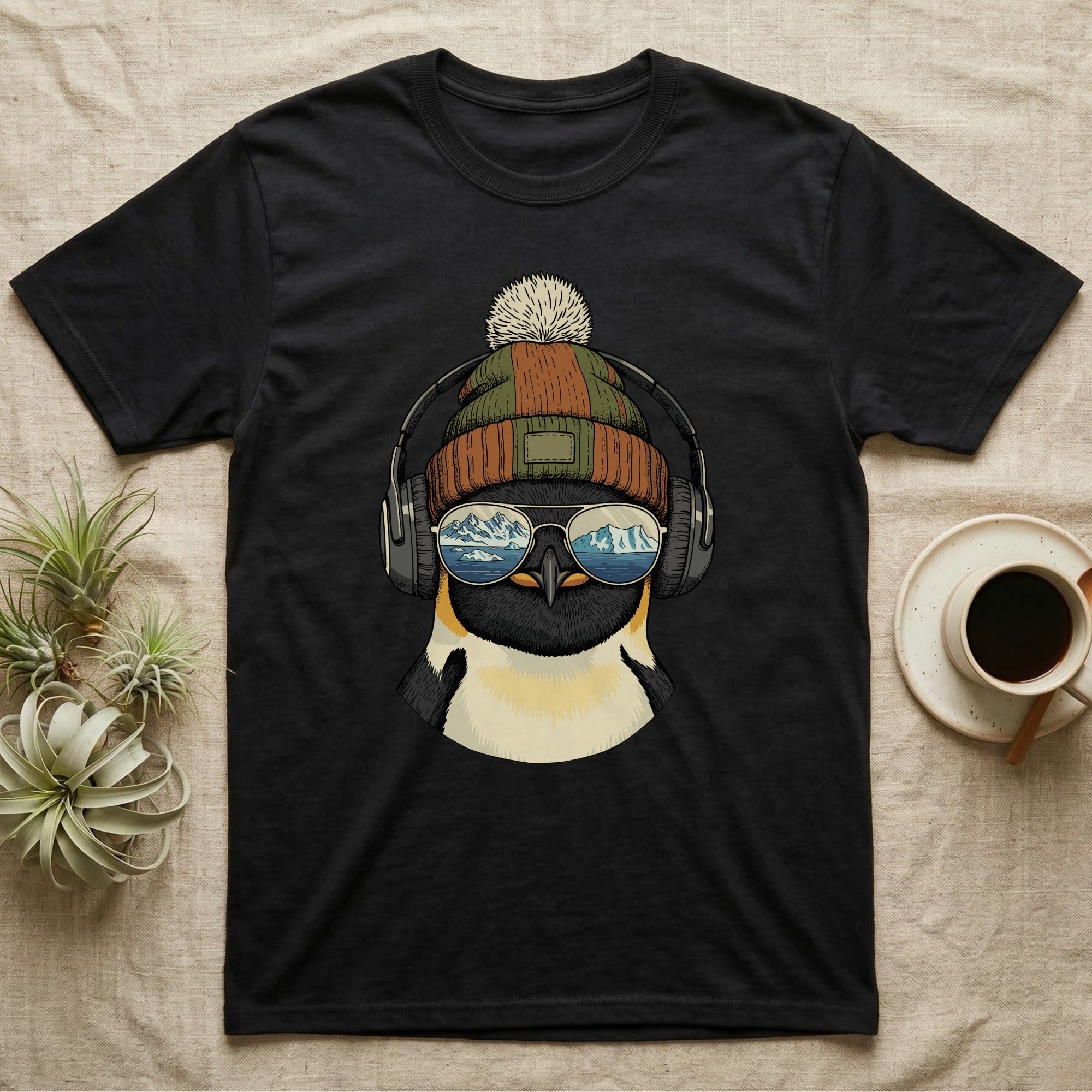 Black t-shirt featuring a penguin wearing a beanie and headphones, with mountains reflected in its sunglasses.