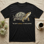Box Turtle Wiggle T-Shirt in Black — Retro-illustration of a box turtle mid shell-scratch with a hand-drawn arrow at its wiggling rear and a deadpan marker caption.