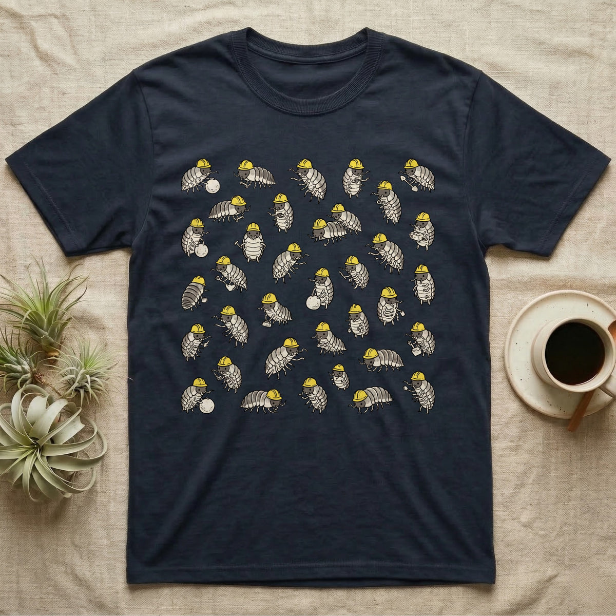 Isopod Cleanup Crew T-Shirt in Navy — Flat all-over scatter of cheerful isopods in tiny hi-vis hard-hats as a bioactive cleanup crew on shift.
