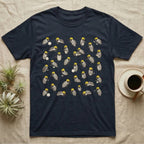 Isopod Cleanup Crew T-Shirt in Navy — Flat all-over scatter of cheerful isopods in tiny hi-vis hard-hats as a bioactive cleanup crew on shift.