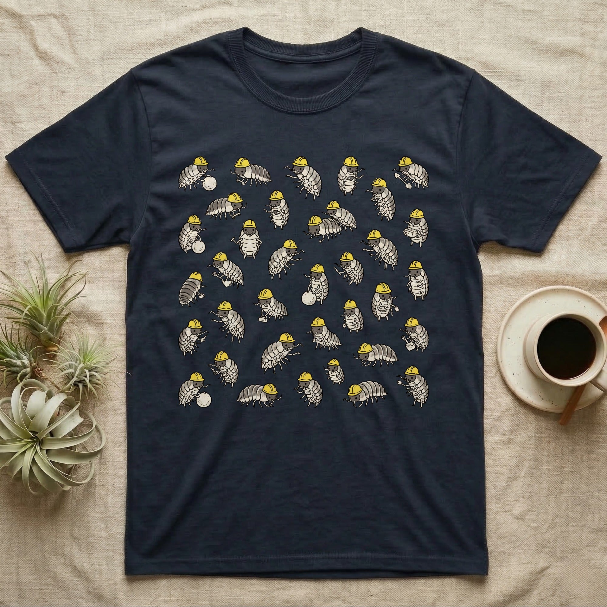 Isopod Cleanup Crew T-Shirt in Navy — Flat all-over scatter of cheerful isopods in tiny hi-vis hard-hats as a bioactive cleanup crew on shift.