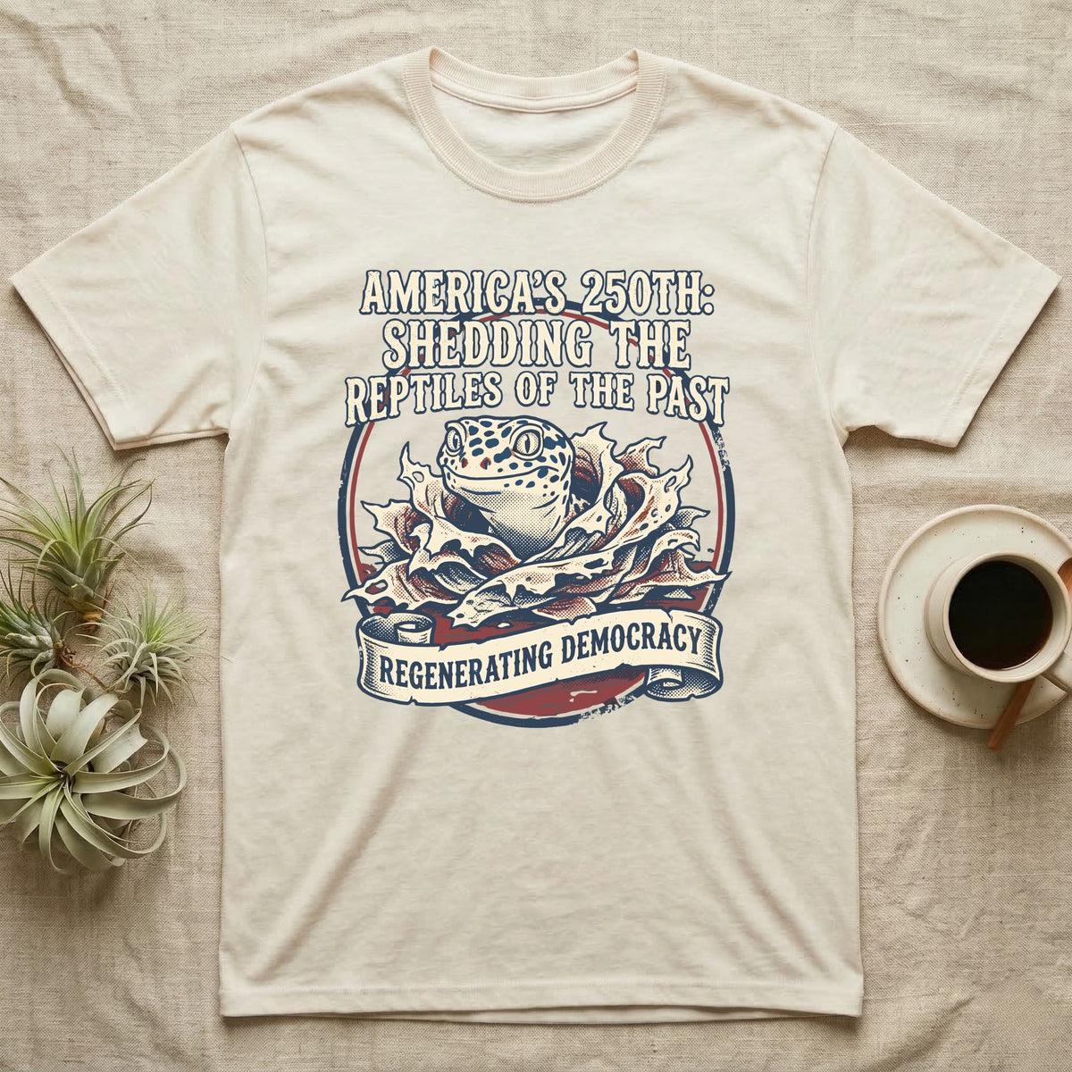 Leopard Gecko Shedding Tee in Natural — Vintage badge of a leopard gecko emerging from its shed skin, navy and red emblem reading Shedding The Reptiles Of The Past, on black.