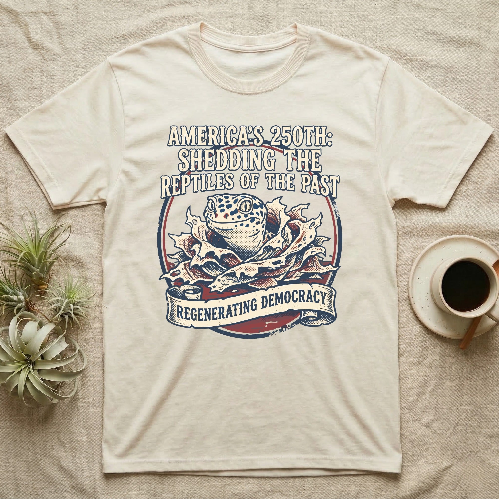 Leopard Gecko Shedding Tee in Natural — Vintage badge of a leopard gecko emerging from its shed skin, navy and red emblem reading Shedding The Reptiles Of The Past, on black.