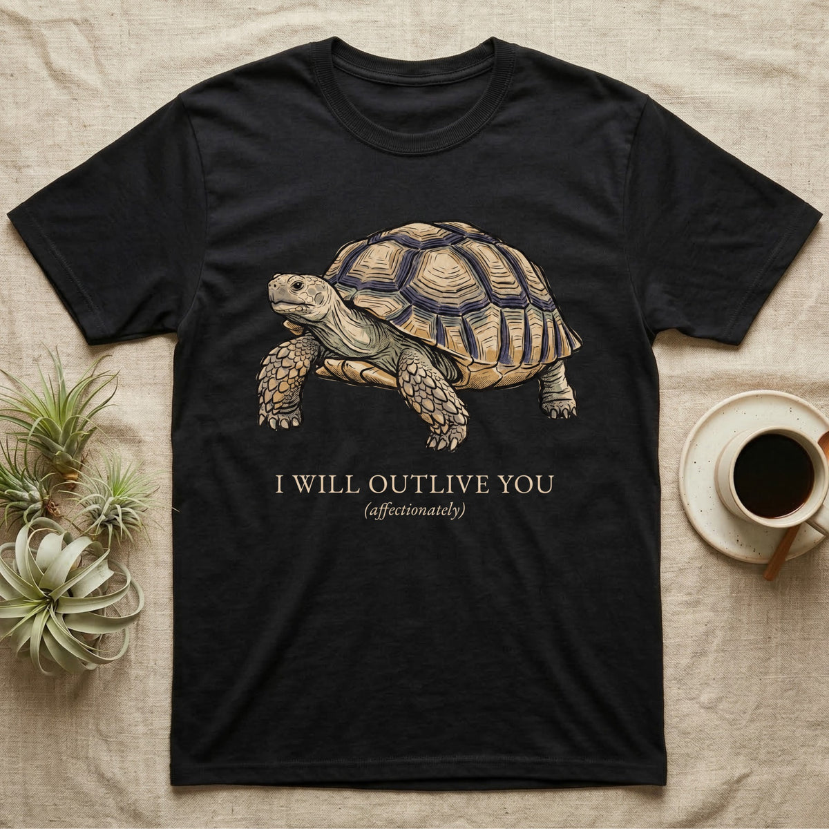 Sulcata Outlive You T-Shirt in Black — Ukiyo-e woodblock illustration of a sulcata tortoise in profile with a deadpan serif caption about outliving you.