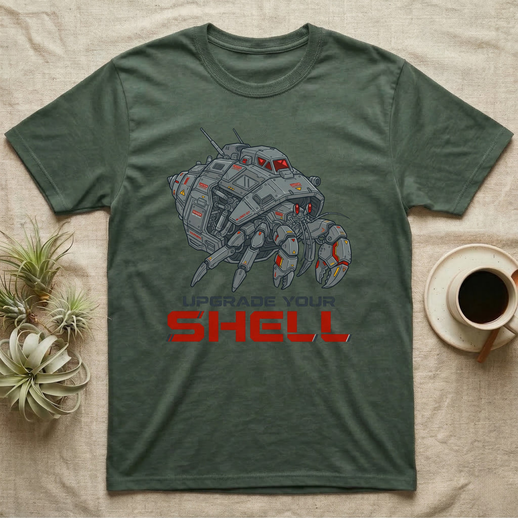 Dark green t-shirt with crab-like mech and "Upgrade Your Shell" text.