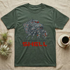 Dark green t-shirt with crab-like mech and "Upgrade Your Shell" text.