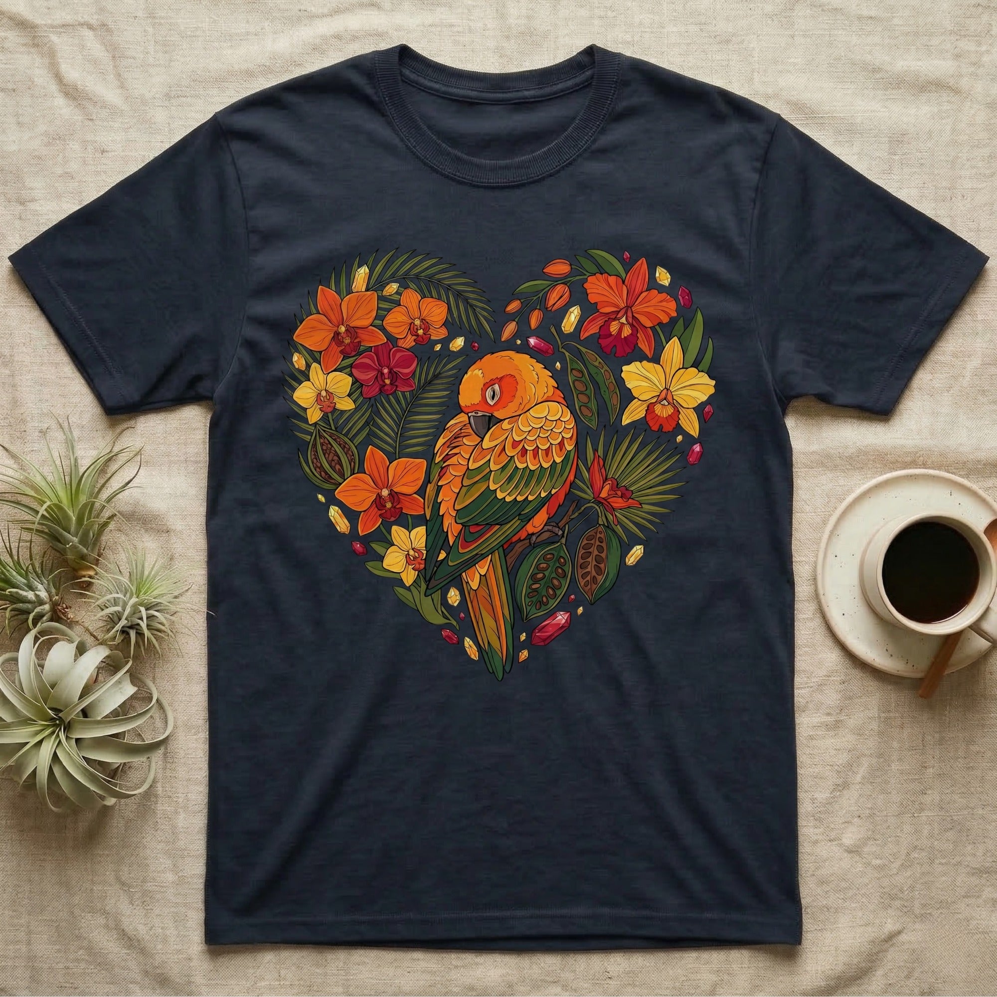 Navy t-shirt with a colorful parrot and floral heart design.