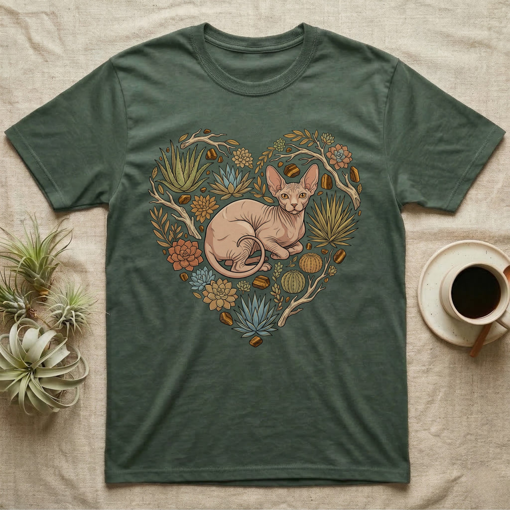 Green t-shirt featuring a heart design with a Sphinx cat and succulents.