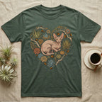 Green t-shirt featuring a heart design with a Sphinx cat and succulents.