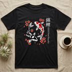 Black t-shirt with yin-yang koi fish and cherry blossoms design.