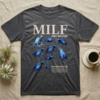 Blue Poison Dart Frog T-Shirt in Dark Heather — Eight blue poison dart frogs in a cut-out photo collage beneath the huge cream word MILF on grey.