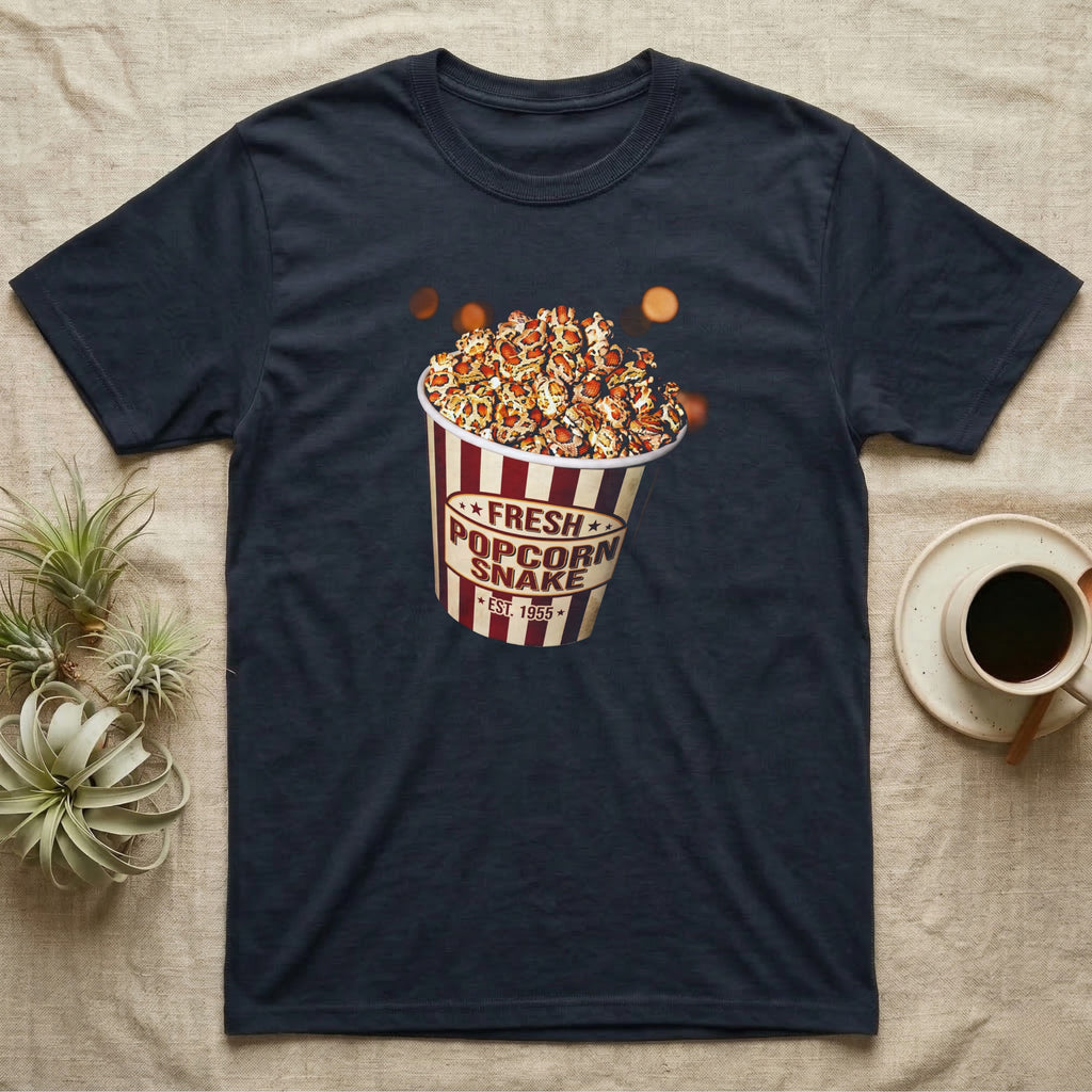 Corn Snake Popcorn Bucket T-Shirt in Navy — Vintage striped cinema popcorn bucket labelled Fresh Popcorn Snake, overflowing with kernels patterned like corn snake scales.