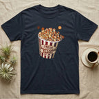 Corn Snake Popcorn Bucket T-Shirt in Navy — Vintage striped cinema popcorn bucket labelled Fresh Popcorn Snake, overflowing with kernels patterned like corn snake scales.