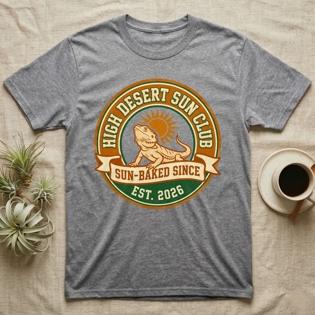 Grey t-shirt with circular "High Desert Sun Club" graphic featuring a lizard.