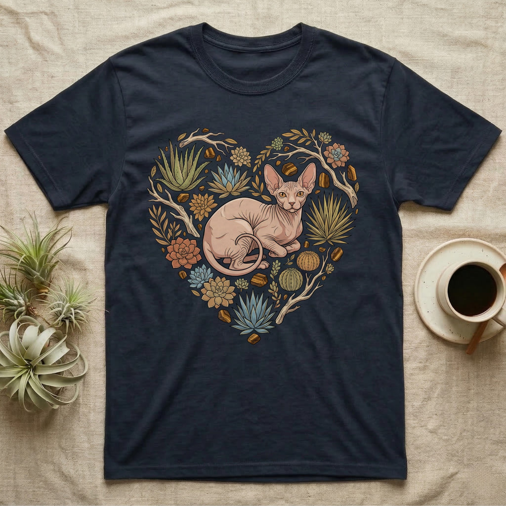 Dark t-shirt featuring a Sphynx cat in a heart-shaped succulent arrangement.