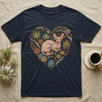 Dark t-shirt featuring a Sphynx cat in a heart-shaped succulent arrangement.