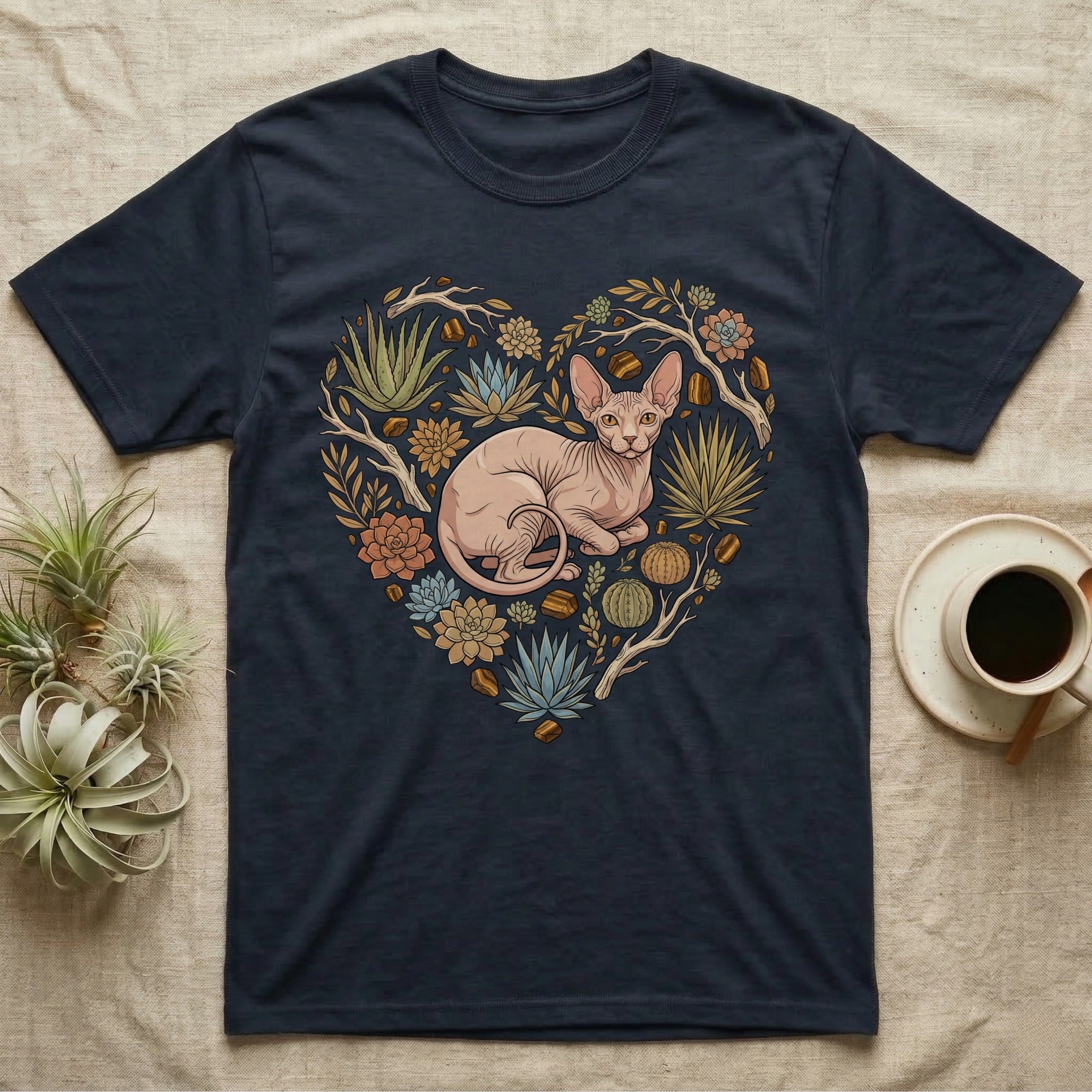 Dark t-shirt featuring a Sphynx cat in a heart-shaped succulent arrangement.