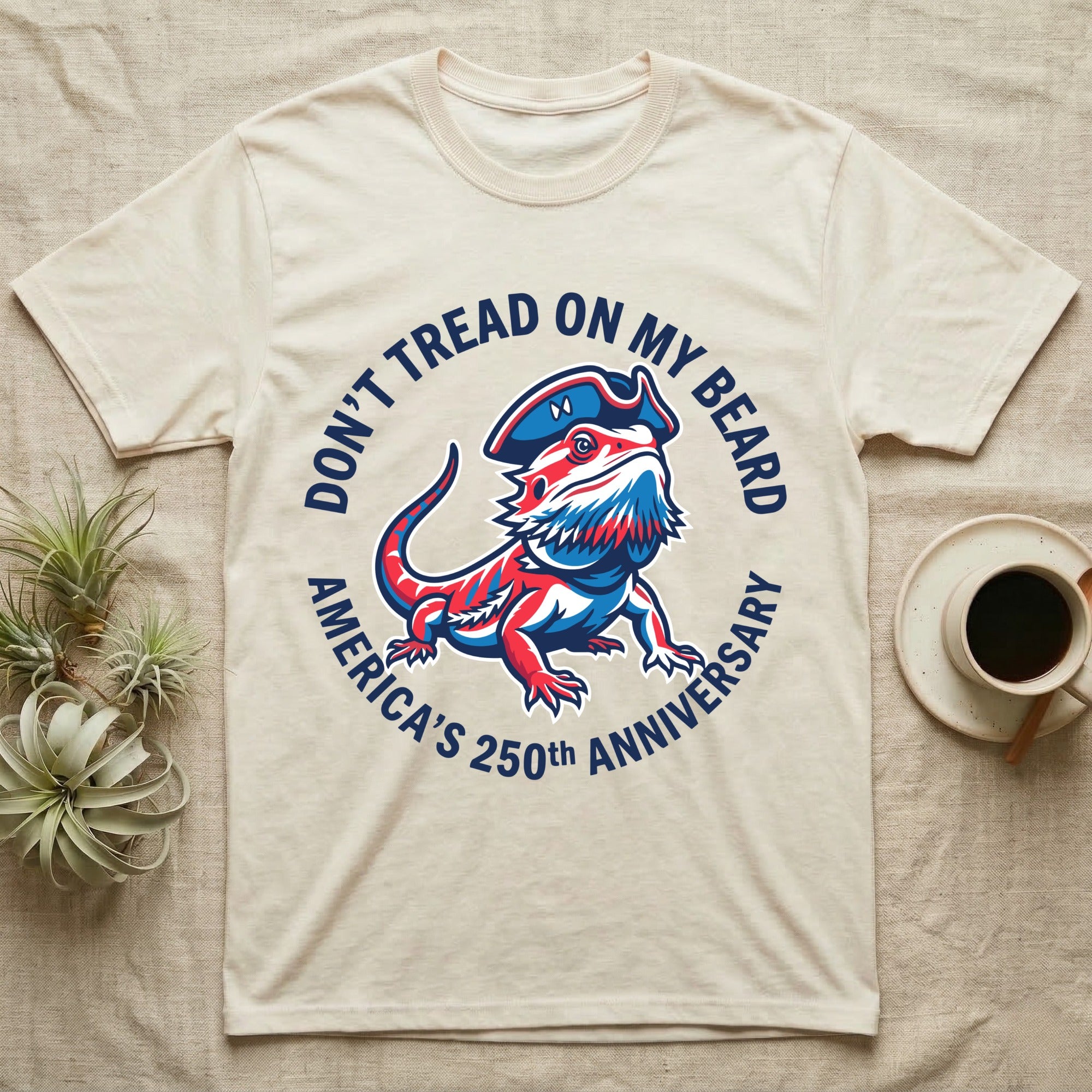 Bearded Dragon Don't Tread T-Shirt in Natural — Pop-art red-white-blue bearded dragon in a tricorn hat inside a ring reading Don't Tread On My Beard.