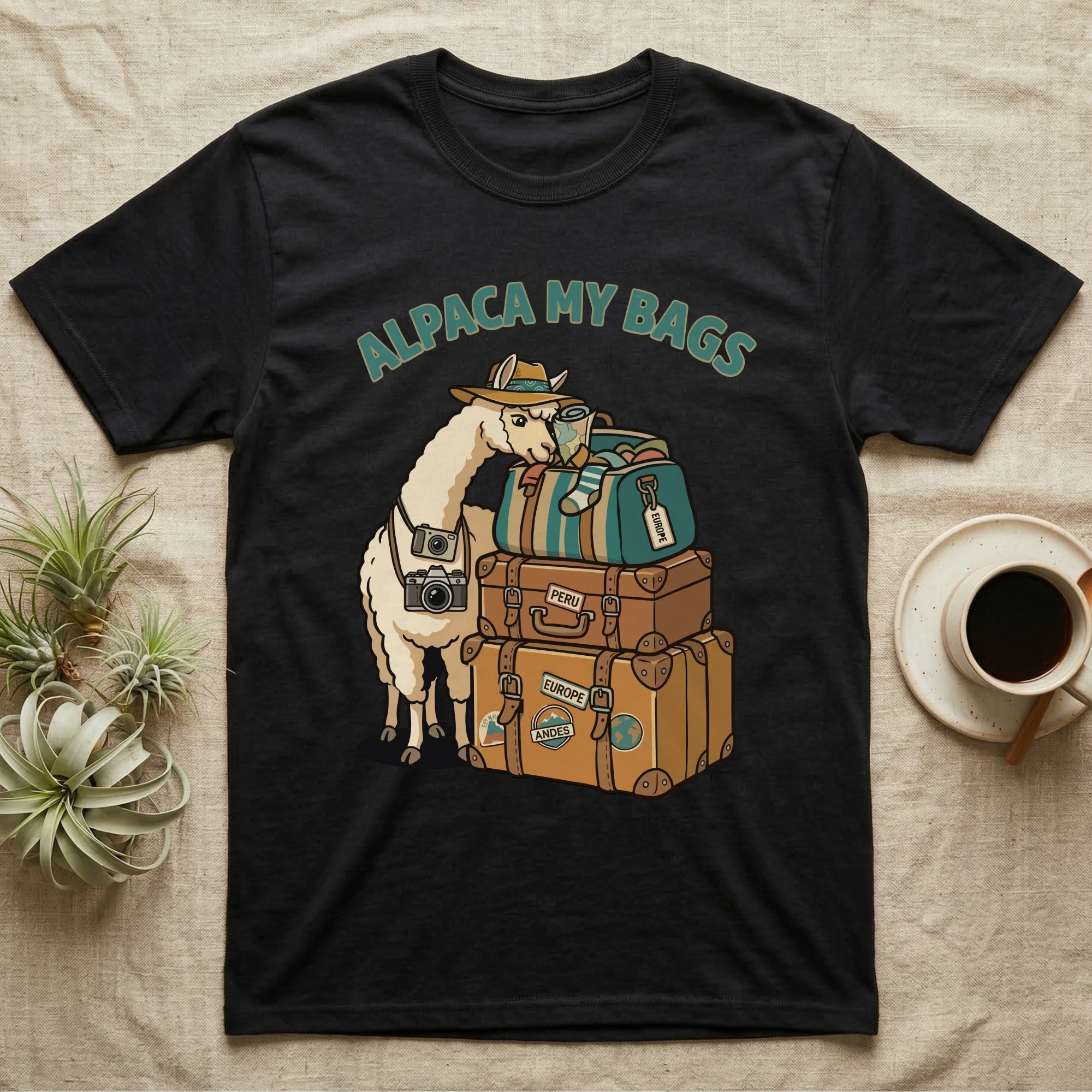 Alpaca wearing a hat, carrying luggage and cameras, "Alpaca My Bags" text.