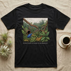 Dart Frog Bioactive Vivarium T-Shirt in Black — Illustrated panel of a cobalt dart frog in a layered planted vivarium, leaves crossing the inked border.