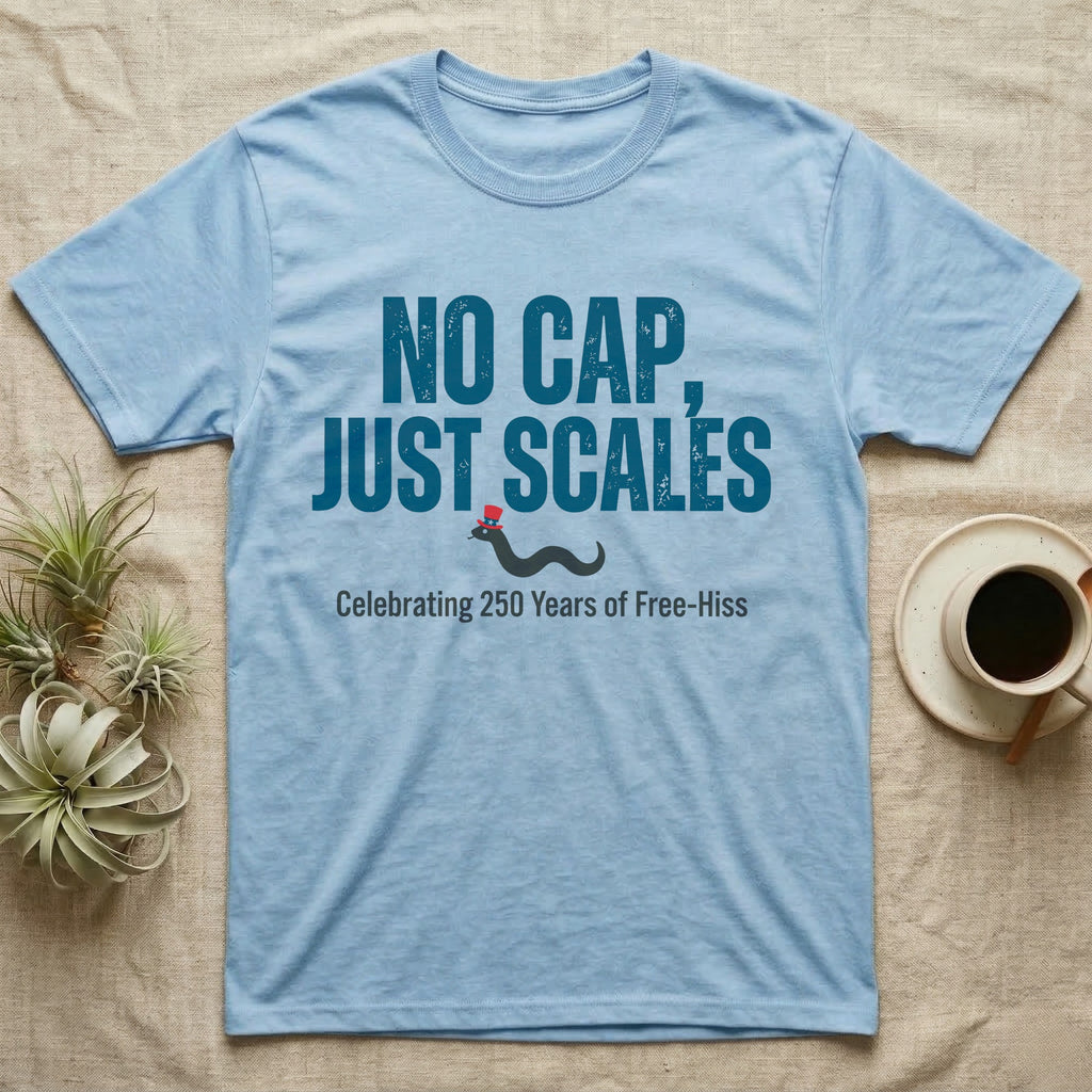 Rattlesnake No Cap T-Shirt in Light Blue — Big distressed text No Cap Just Scales over a tiny snake in a red top hat with 250 Years of Free-Hiss below.