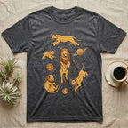 T-shirt with space-themed lion illustrations and planets on a dark grey background.