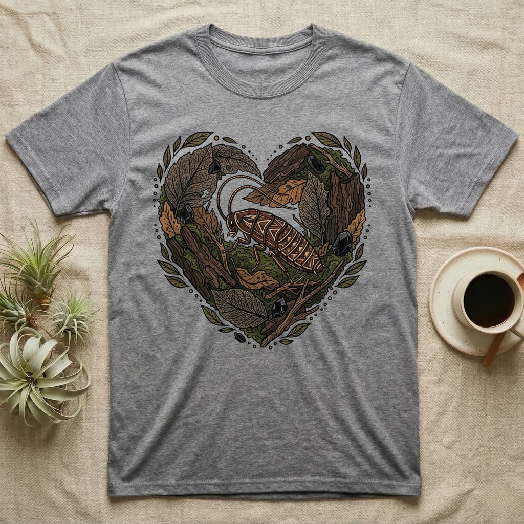 Gray t-shirt with a heart-shaped design of leaves, bark, and a cockroach.