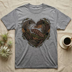 Gray t-shirt with a heart-shaped design of leaves, bark, and a cockroach.