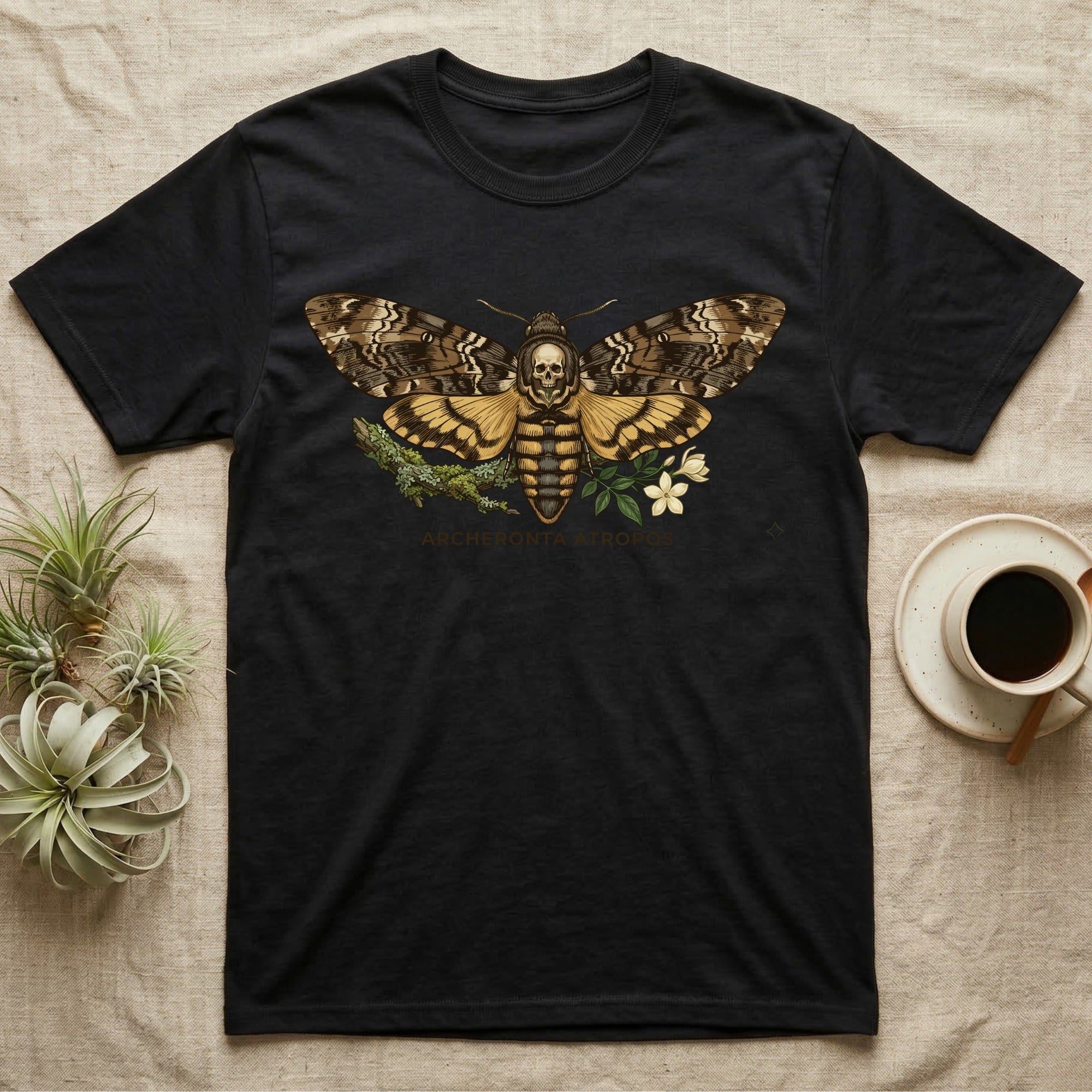 Black t-shirt with moth graphic featuring skull and text "ARCHONTOPHORA STROBILIS".
