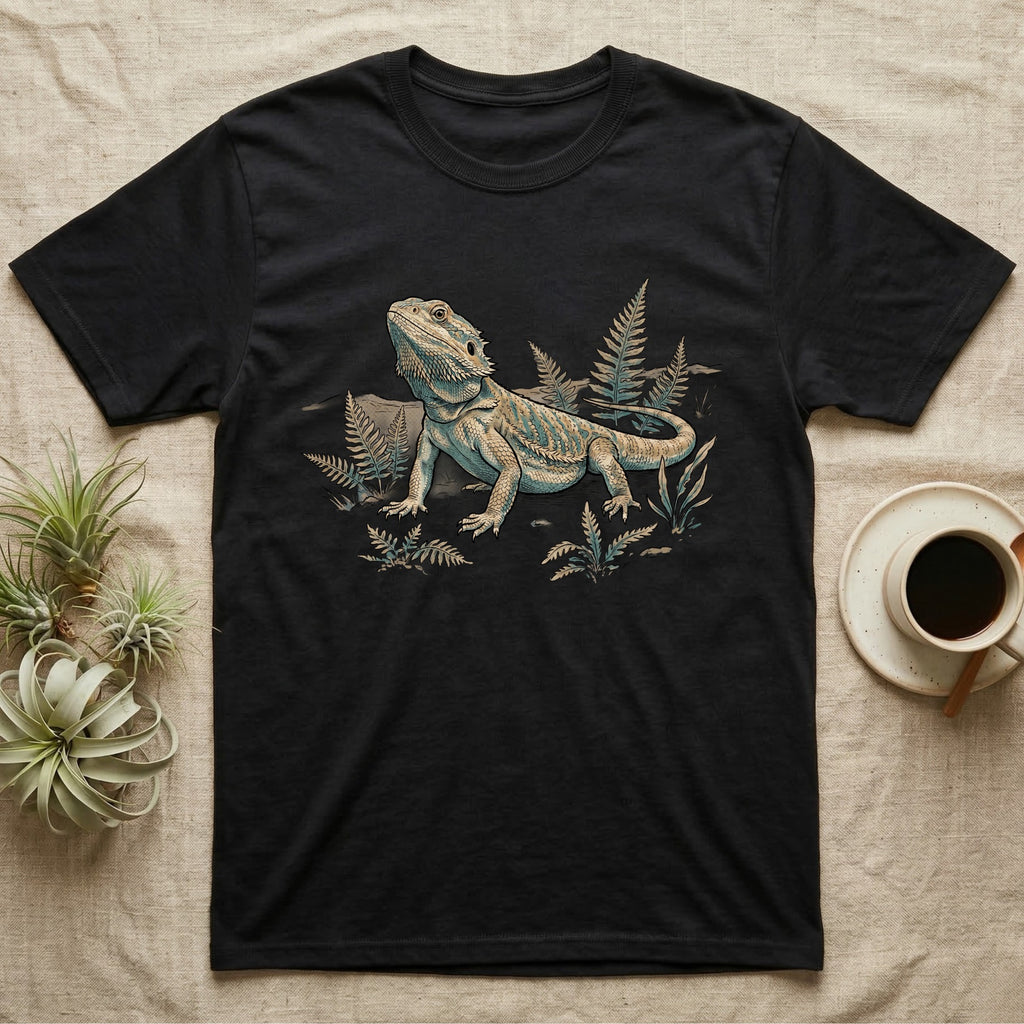 Bearded Dragon Dinosaur T-Shirt in Black — Faded 90s nature-doc illustration of a bearded dragon posed in profile as a tiny dinosaur specimen on a field plate.