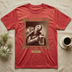 Slow Sipping Tortoise T-Shirt in Heather Red — Old-master oil portrait of a dignified tortoise holding a beer stein with a brass "Slow Sipping Since '76" plaque.