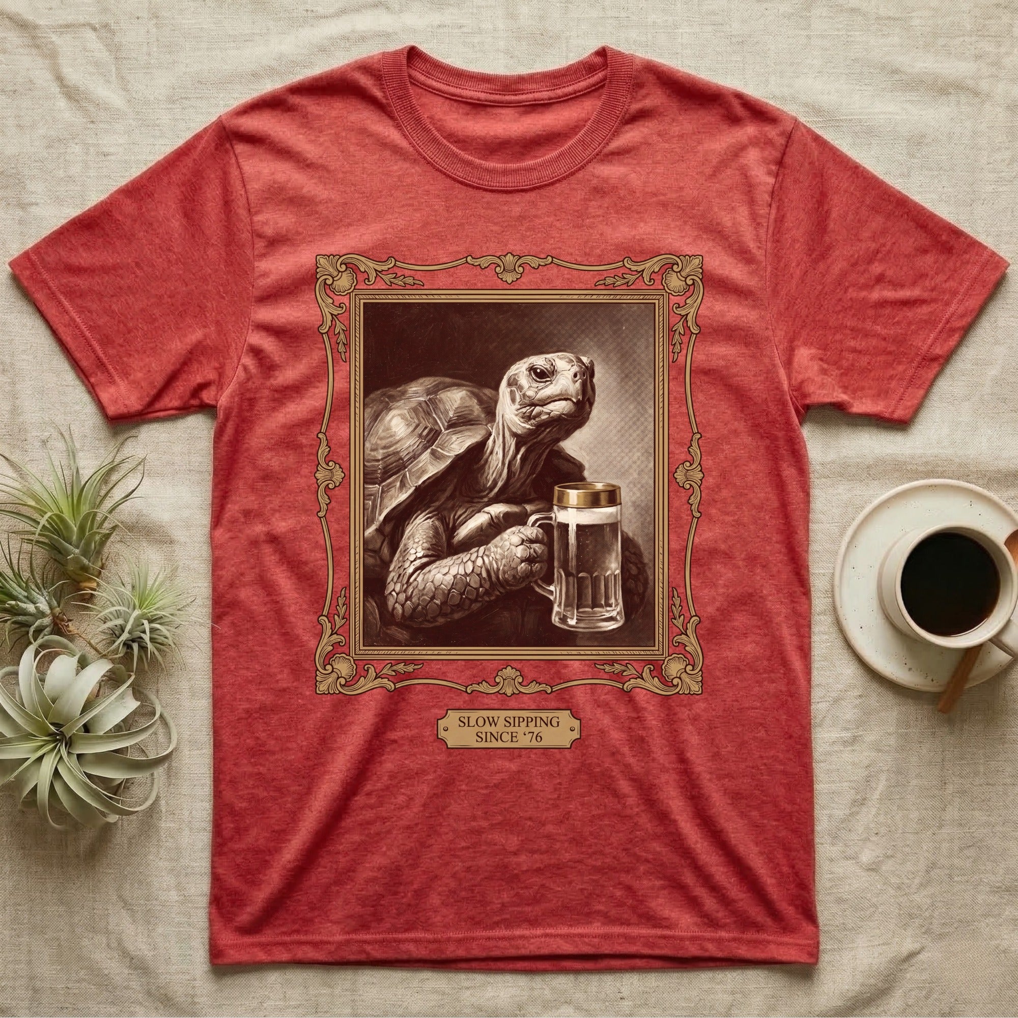 Slow Sipping Tortoise T-Shirt in Heather Red — Old-master oil portrait of a dignified tortoise holding a beer stein with a brass "Slow Sipping Since '76" plaque.