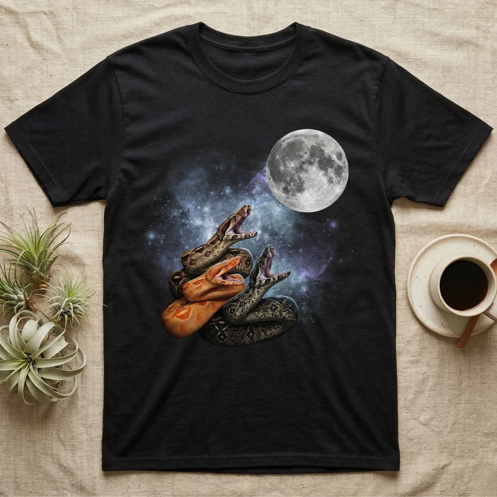 Boa Constrictor Moon Howl T-Shirt in Black — Three Boa Constrictor colour morphs howling at a full moon over a nebula on a dark grey t-shirt.