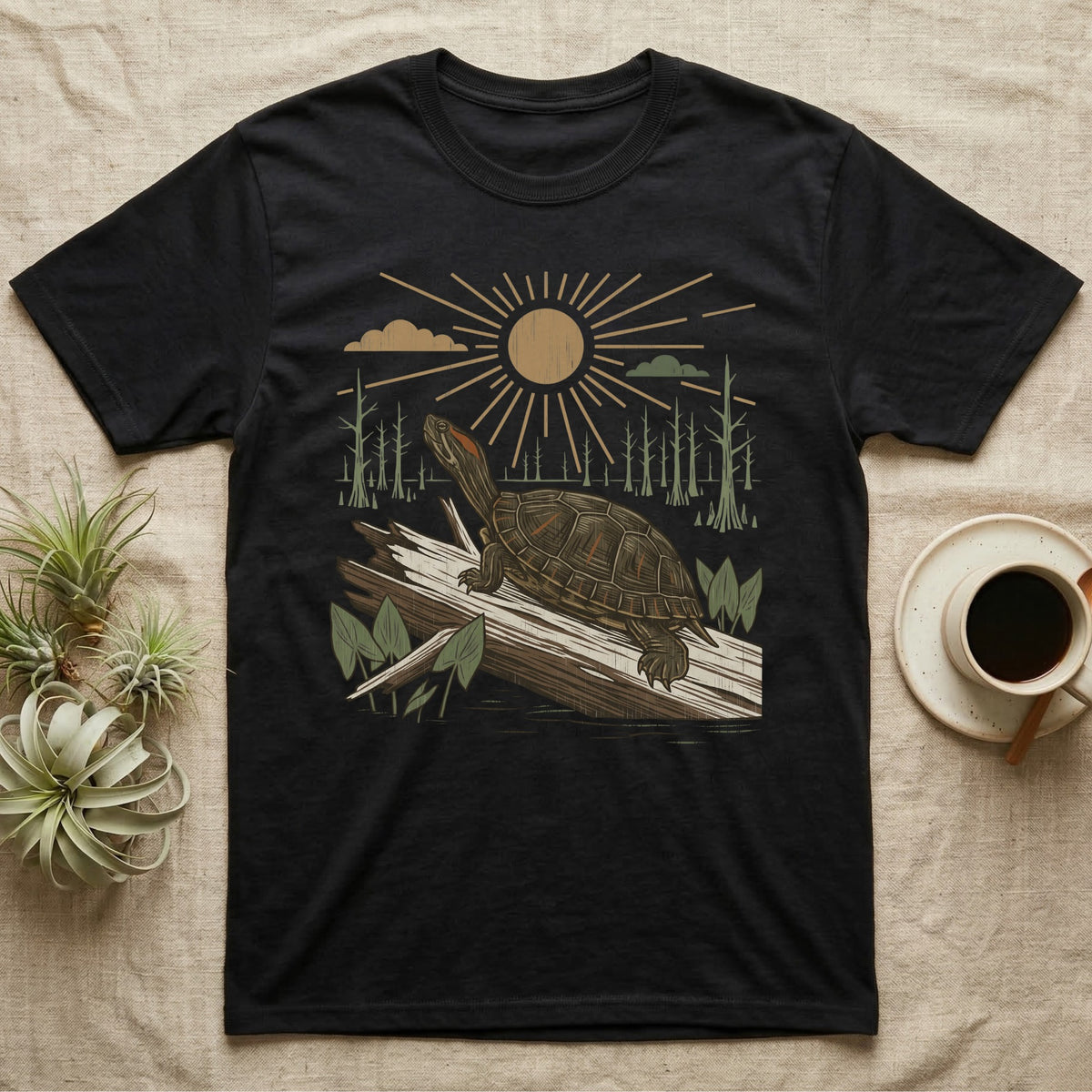 Red-Eared Slider Home Range T-Shirt in Black — Woodcut-style illustration of a red-eared slider basking on a half-sunk log in a cypress swamp under a full sun, no on-shirt text.