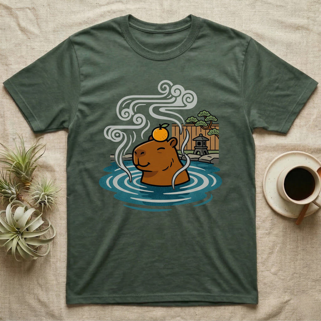 Capybara wearing an orange slice, relaxing in a steaming hot spring.